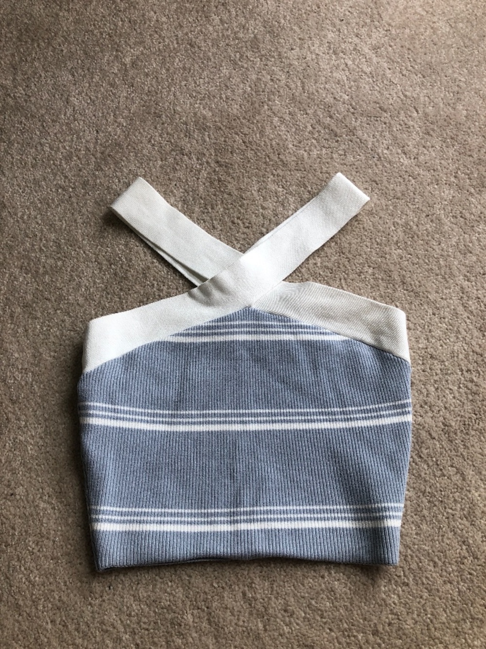 Babaton - Sculpt Knit Criss Cross Cropped Tank - XXS - Blue and White striped.
